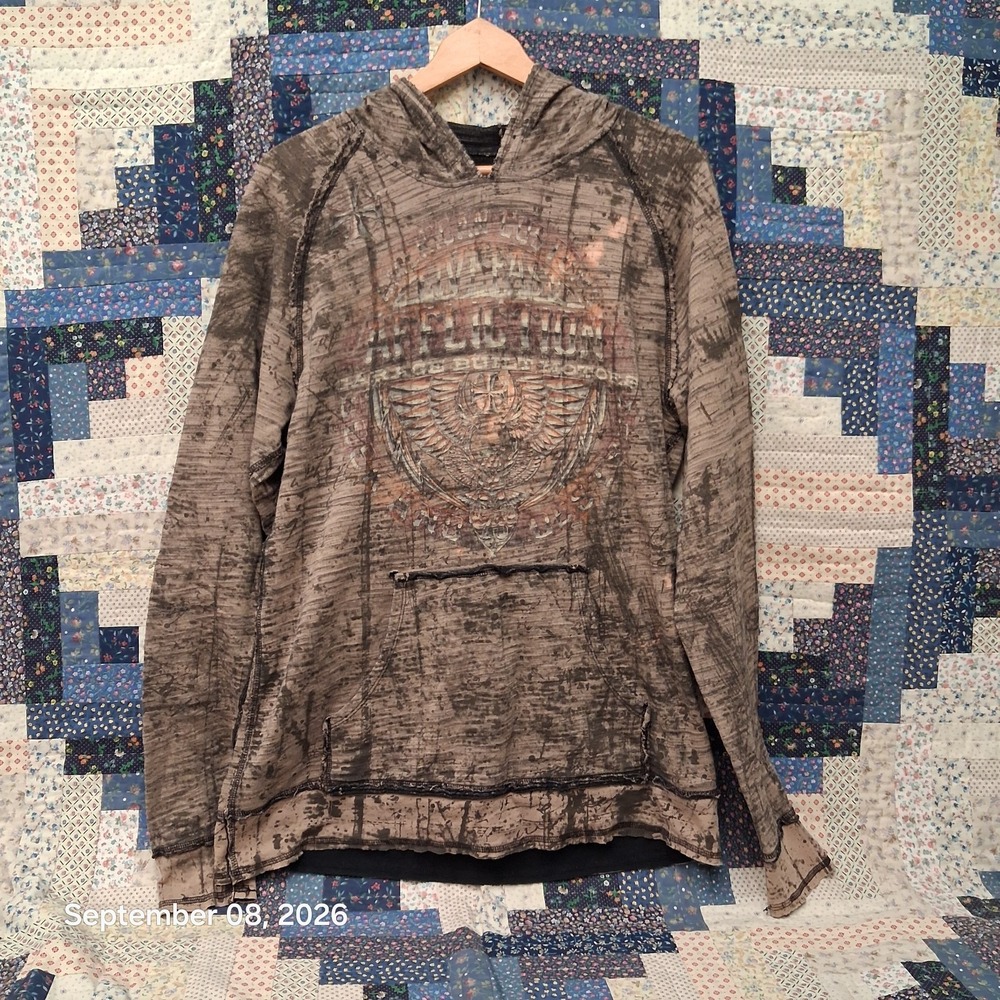 Affliction Mens XL Reversible Pullover Hoodie Acid Wash Brown Eagle Biker MMA